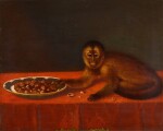 JAMES MILLER |  INTERIOR WITH A MONKEY ON A TABLE WITH A PLATE OF HAZELNUTS 