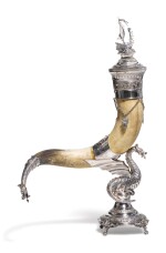 A Monumental Scandinavian Silver-Plate Mounted Drinking Horn and Cover, signed J.G. Hentze, probably Danish, Dated 1893
