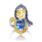 White gold, blue, yellow and fancy sapphire ring, 'Entrelac' 