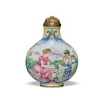 A painted enamel 'European subject' snuff bottle, Mark and period of Qianlong | 清乾隆 銅胎畫琺瑯西洋人物圖鼻煙壺 《乾隆年製》款
