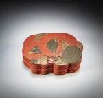 A polychrome lacquer 'lychee' box and cover, Qing dynasty, 18th-19th century | 清十八至十九世紀 剔彩雙荔枝式蓋盒