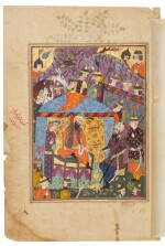 An illustrated and illuminated leaf from a manuscript of Firdausi's Shahnameh: The arrival of Rustam before Kai Kavus, Persia, Qazwin, Safavid, last quarter 16th century
