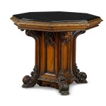 A Victorian carved oak Gothic Revival centre table by William Constantine & Co., Leeds, mid-19th century
