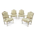 A SET OF FOUR LOUIS XV CARVED AND GRAY-PAINTED FAUTEUILS À LA REINE BY JEAN-BAPTISTE GOURDIN, CIRCA 1755 