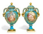 A PAIR OF MINTON TURQUOISE-GROUND TWO-HANDLED OVOID VASES AND COVERS, CIRCA 1855-65