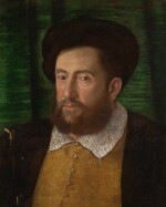 CIRCLE OF GIROLAMO DA CARPI | Portrait of a gentleman, bust-length, in a brown doublet, an embroidered collar and a black robe and hat, against a green background
