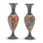 A PAIR OF FRENCH SILVER AND ENAMEL VASES, MAKER'S MARK JC POSSIBLY FOR JOSEPH COUSIN, PARIS, RETAILED BY TIFFANY & CO., NEW YORK, LATE 19TH CENTURY