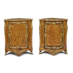 A Pair of Louis XV Gilt-Bronze Mounted Kingwood, Tulipwood, Amaranth and Stained Sycamore Parquetry Encoignures by Pierre-Antoine Foullet, Mid-18th Century