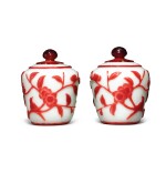 A PAIR OF RED OVERLAY WHITE GLASS JARS AND COVERS,  QING DYNASTY