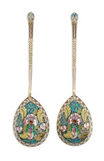 A pair of silver-gilt and cloisonné enamel spoons, 11th Artel, Moscow, 1908-1917