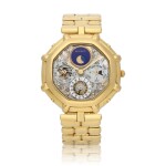 Ref. G2539.4 Yellow gold skeletonized perpetual calendar wristwatch with lapis lazuli moon phases, leap year indication and mother-of-pearl sub-dials Circa 1995