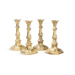 A set of four George II silver-gilt candlesticks from the Pelham-Clinton service, Paul Crespin after a William Kent design, London, 1745