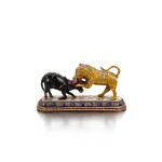 A jewelled and enamelled group of a lion attacking an ox, India, Rajasthan, probably Jaipur, 19th/20th century