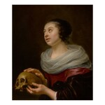 ATTRIBUTED TO JAN OLIS | A VANITAS PORTRAIT OF A YOUNG WOMAN, HALF LENGTH, HOLDING A SKULL