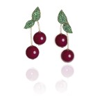 Pair of red agate, emerald and diamond earrings, 'Cherries', Michele della Valle