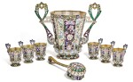 A large and impressive silver-gilt and cloisonné enamel punch set, workmaster Grigoriy Sbitnev, Moscow, 1908-1917