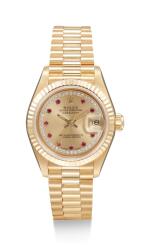 ROLEX | DATEJUST, REFERENCE 69178,  A YELLOW GOLD, DIAMOND AND RUBY-SET WRISTWATCH WITH DATE AND BRACELET, CIRCA 1980