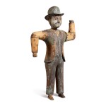 VERY RARE CARVED AND PAINTED PINE WHIRLIGIG OF A MAN WITH A BOWLER HAT, LATE 19TH OR EARLY 20TH CENTURY