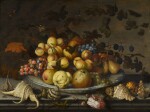 Still life of peaches, apples, grapes, quinces and pears on a Wanli kraak porcelain dish upon a stone ledge, with various kinds of seashells, a lizard and a rose, butterflies, a wasp and a dragonfly above