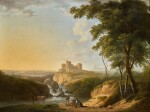 An extensive landscape with a view of Chepstow Castle on a hill beyond