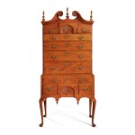 VERY FINE QUEEN ANNE CARVED AND FIGURED MAPLE SCROLL-TOP HIGH CHEST OF DRAWERS, NEW ENGLAND, CIRCA 1770