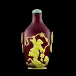 A yellow overlay ruby-red glass 'Liu Hai' snuff bottle, Qing dynasty, 19th century | 清十九世紀 寶石紅地套黃料劉海戲金蟾鼻煙壺