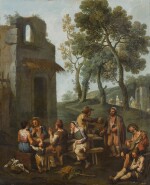 PAOLO MONALDI | A landscape with peasants sitting and drinking by a ruined house