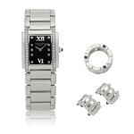 PATEK PHILIPPE |  STAINLESS STEEL AND DIAMOND-SET WRISTWATCH WITH BRACELET AND MATCHING WHITE GOLD DIAMOND AND SAPPHIRE-SET RING AND EAR CLIPS  CIRCA 2000