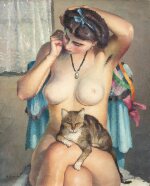 A nude woman seated with a cat | Femme nue au chat