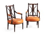 A pair of Louis XVI mahogany and stained walnut armchairs, attributed to Henri Jacob | Paire de fauteuils en acajou et noyer teinté de la fin de l'époque Louis XVI, attribués à Henri Jacob