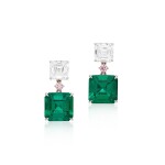 Pair of Emerald and Diamond Pendent Earrings | 2.97及2.53克拉 天然「哥倫比亞穆索」無油祖母綠 配 鑽石 耳墜一對