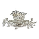 AN AMERICAN SILVER ART NOUVEAU PUNCH BOWL, STAND, LADLE, AND TWELVE CUPS, INTERNATIONAL SILVER CO., MERIDEN, CT, DATED 1909