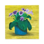 Blue Pot of Purple Flowers