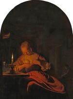 A young woman searching for fleas by candlelight