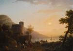 JEAN-FRANÇOIS HUË | A coastal landscape at sunset, with travellers by a fortified tower