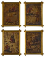 A Set of Four Dutch Chinoiserie Painted Leather Panels, 18th Century