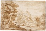 CIRCLE OF JAN VAN SCOREL | RUGGED LANDSCAPE WITH TRAVELLERS BY A RIVER