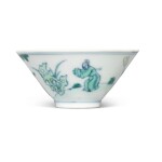 A doucai 'scholars' conical bowl, Qing dynasty, Kangxi / Yongzheng period | 清康熙 / 雍正 闘彩米芾拜石圖笠式盌