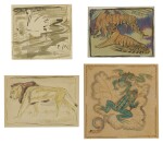ELSIE MARIAN HENDERSON | FOUR WATERCOLORS, INCLUDING TIGERS, A LION, FROGS AND SWANS