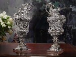 A PAIR OF LARGE AND HEAVY EARLY VICTORIAN SILVER EWERS, FROM THE COLLECTION OF SOPHIA LOREN, JOHN FIGG, LONDON, 1838-39