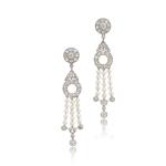 Pair of seed pearl and diamond pendent earrings, circa 1920
