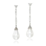 Fine pair of natural pearl and diamond earrings, 1920s | 天然珍珠及鑽石耳環一對，1920年代