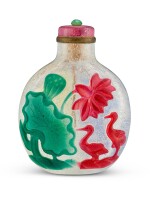 A four-colour overlay glass 'flower and egrets' snuff bottle Qing dynasty, 18th – 19th century | 清十八至十九世紀 珍珠地套四色料花卉鷺鷥鼻煙壺