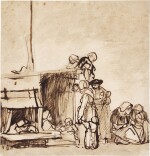 ATTRIBUTED TO CAREL FABRITIUS |  PEASANTS GATHERED OUTSIDE A HUT