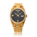 Reference 18038 Day-Date, A yellow gold and diamond-set automatic wristwatch with day, date, bracelet, and onyx dial, Circa 1989
