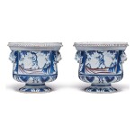 A PAIR OF CONTINENTAL TIN-GLAZED EARTHENWARE BLUE AND WHITE AND MANGANESE CAMPANA VASES, 19TH CENTURY