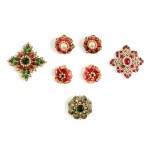 Frances Patiky Stein's Collection: Lot of Two Pairs of Red and Green Earclips with Strass and Three Matching Brooches, Circa 1971-1981