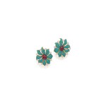 Cartier [卡地亞] | Pair of Gold, Turquoise, Ruby and Diamond Earclips [黃金鑲綠松石配紅寶石及鑽石耳環一對]
