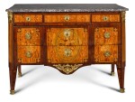 A TRANSITIONAL KINGWOOD, TULIPWOOD AND SYCAMORE MARQUETRY COMMODE, CIRCA 1775