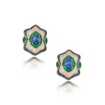 A Pair of Sapphire, Emerald and Diamond Earclips